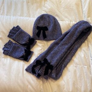 Silver Blue Lurex Knit Winter Hat Mittens Gloves Narrow Scarf Set Velvet Bows